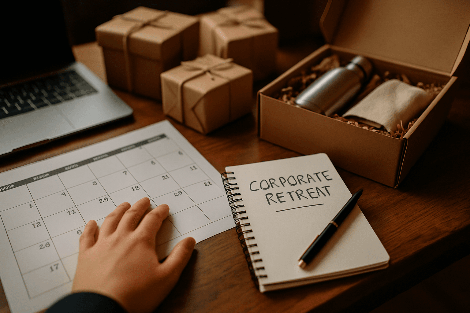 Professional photograph illustrating corporate retreat gift ordering timeline — cover image for "How Far in Advance to Order: The Corporate Retreat Gifting Timeline for Executive Assistants and Event Planners" on Jackson Hole Gift Baskets
