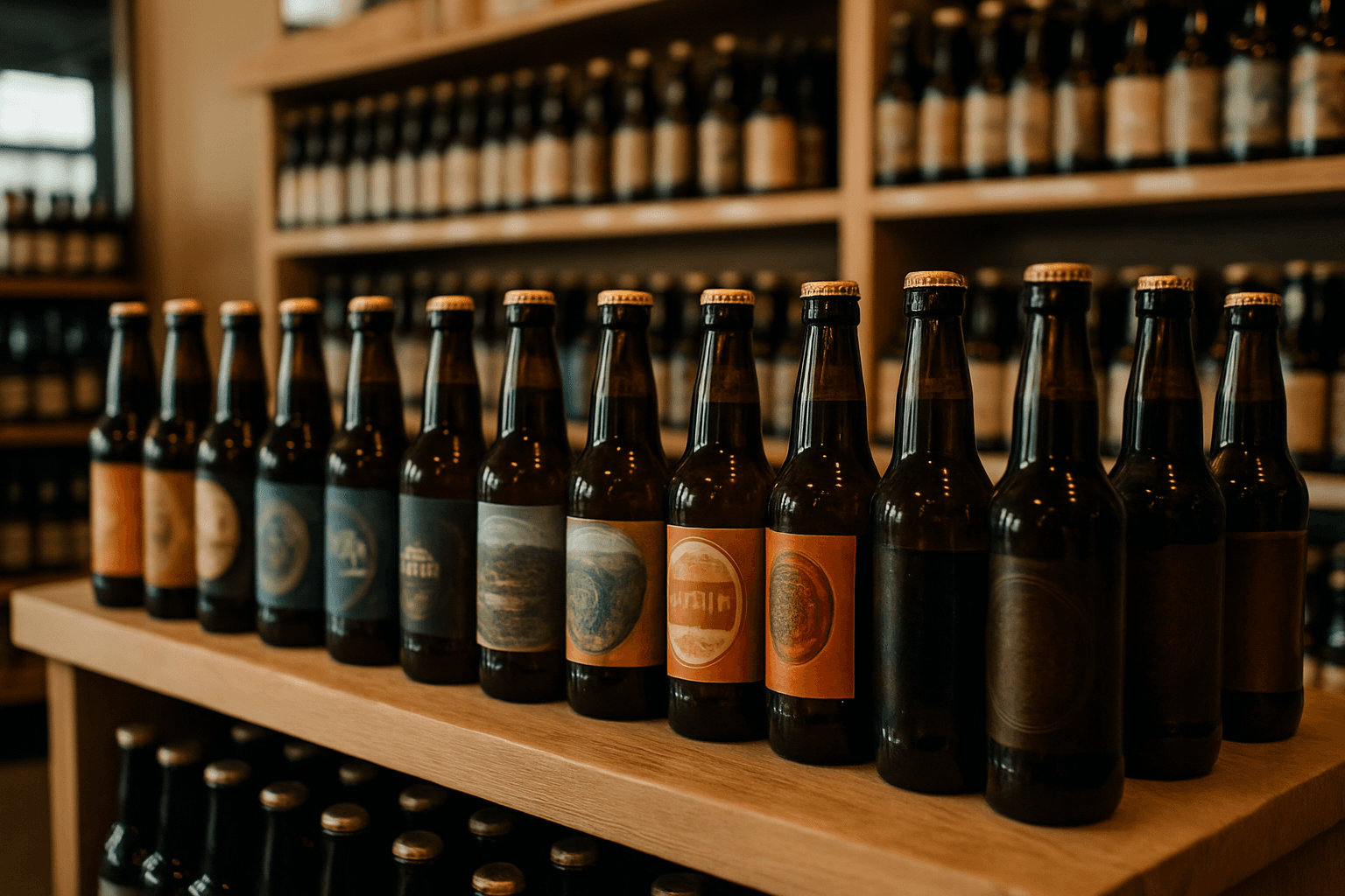 Professional photograph illustrating craft beer selection in a modern retail display — cover image for "The Wyoming Beer Gifting Guide: Why Craft Brewing Deserves a Place in Jackson Hole Welcome Baskets" on Jackson Hole Gift Baskets