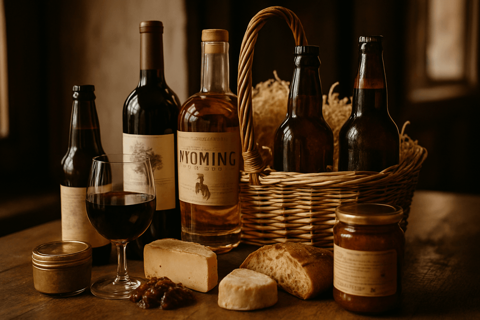 Professional photograph illustrating Wyoming-made wine, spirits, beer, and gourmet food sourcing — cover image for "12 Wyoming Spirits Every Jackson Hole Gift Basket Needs This Year" on Jackson Hole Gift Baskets
