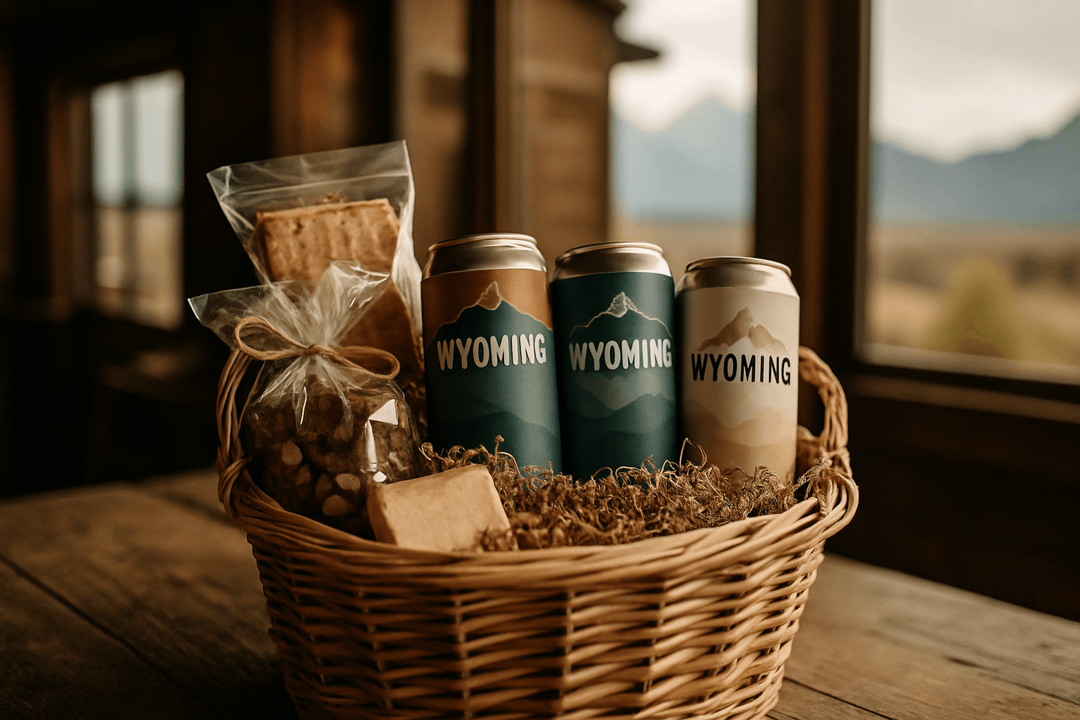 Professional photograph illustrating Wyoming canned wine gift baskets — cover image for "7 Ways to Build Premium Canned Wine Gift Baskets for Jackson Hole Recipients" on Jackson Hole Gift Baskets