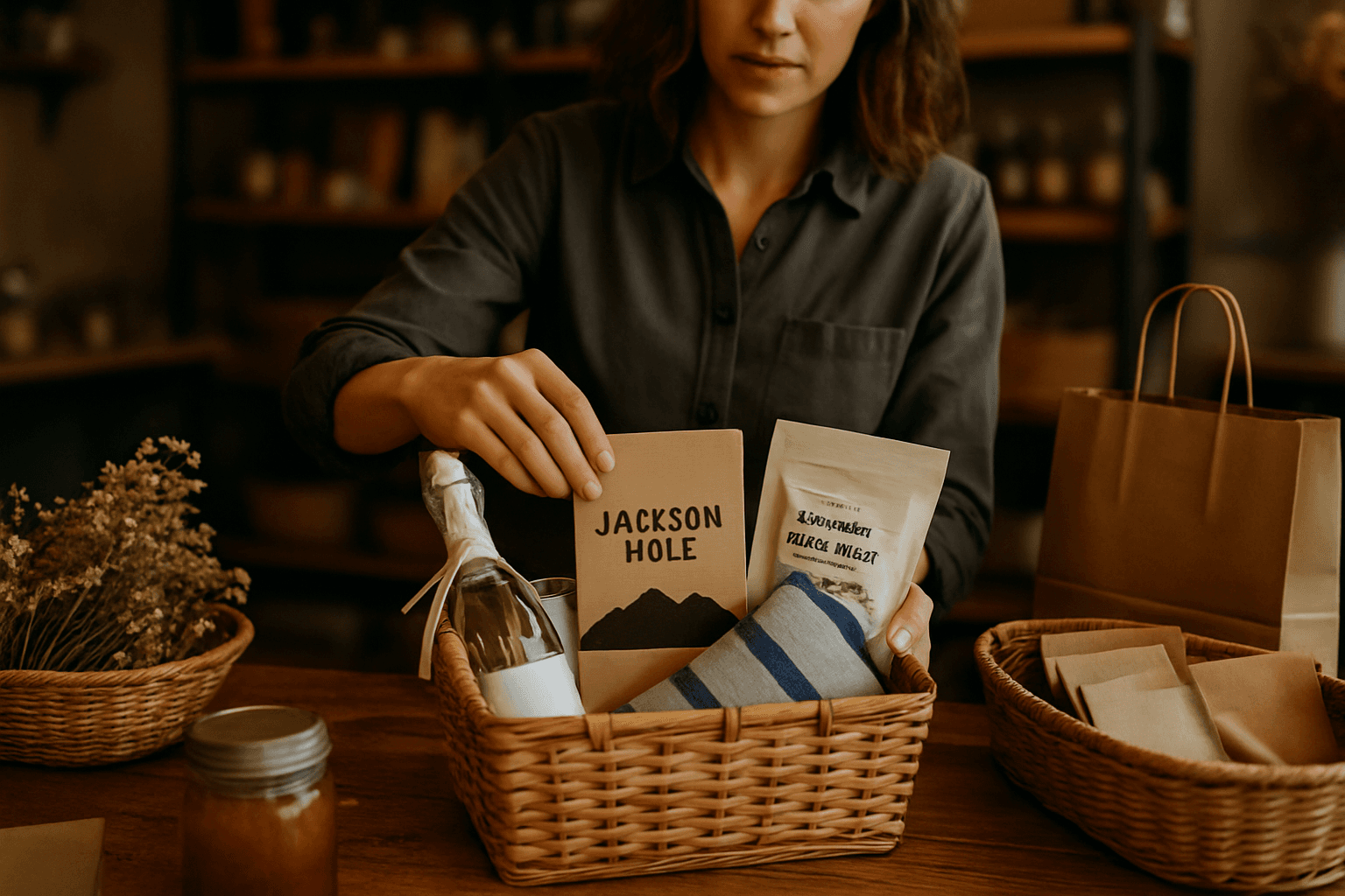 Professional photograph illustrating Jackson Hole gift basket craft and curation — cover image for "7 Jackson Hole Destination Wedding Welcome Bag Upgrades Guests Will Actually Remember" on Jackson Hole Gift Baskets