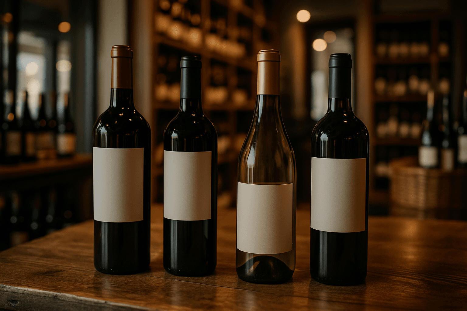 Professional photograph illustrating wine bottles displayed in an elegant retail setting — cover image for "7 Wine Gift Basket Pairings for Jackson Hole Visitors Based on Their Travel Style" on Jackson Hole Gift Baskets