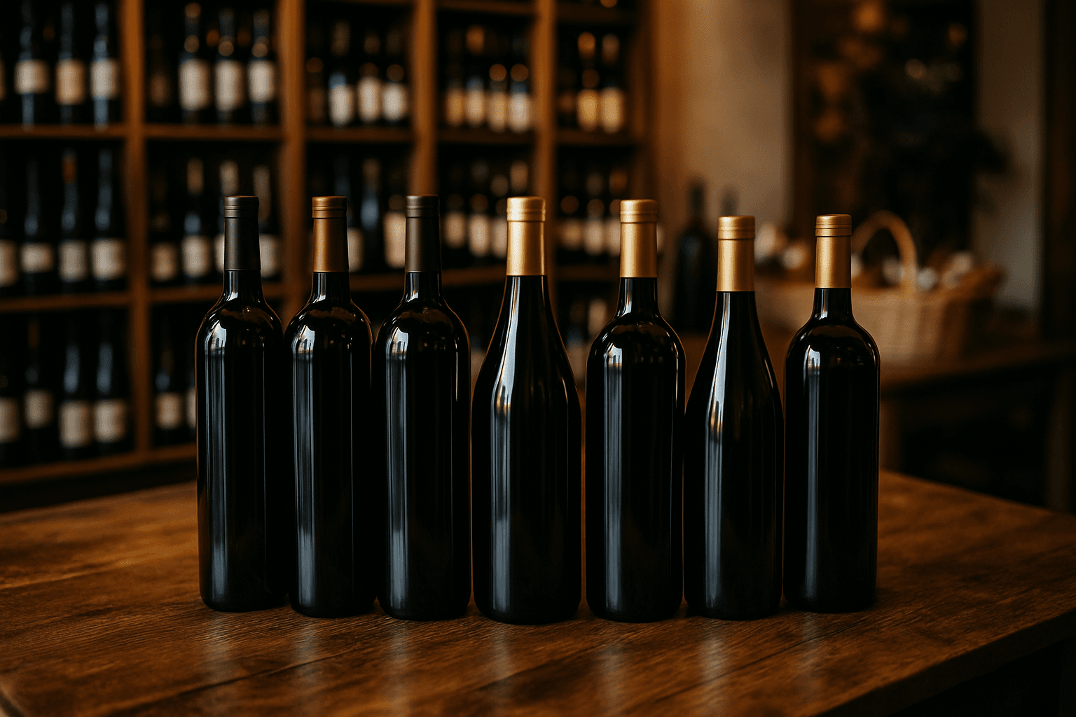 Professional photograph illustrating wine bottles displayed in an elegant retail setting — cover image for "7 Wyoming Wine Gifting Selections Worth Adding to Your Jackson Hole Gift Basket" on Jackson Hole Gift Baskets