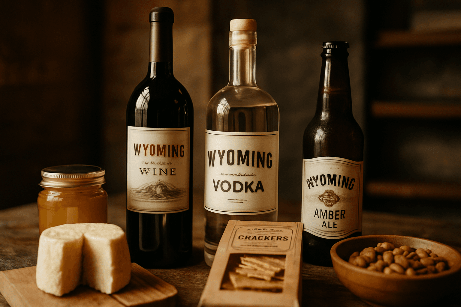 Professional photograph illustrating Wyoming-made wine spirits beer gourmet food — cover image for "12 Wyoming Artisan Producers Your Jackson Hole Gift Service Should Know (Beyond Food)" on Jackson Hole Gift Baskets