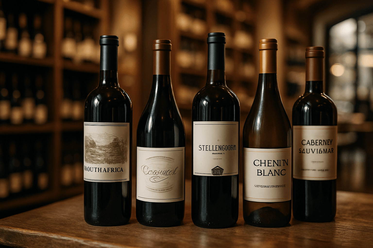 Professional photograph illustrating wine bottles displayed in an elegant retail setting — cover image for "7 South African Wine Varietals Perfect for Jackson Hole Luxury Gift Baskets in 2026" on Jackson Hole Gift Baskets