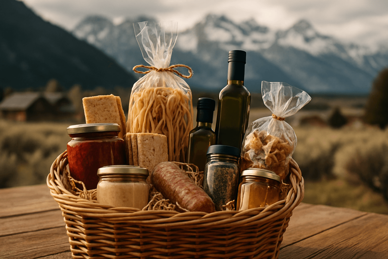 Professional photograph illustrating Wyoming gourmet food gift basket Jackson Hole — cover image for "9 Gourmet Wyoming Food Items That Travel Well in Jackson Hole Gift Baskets" on Jackson Hole Gift Baskets