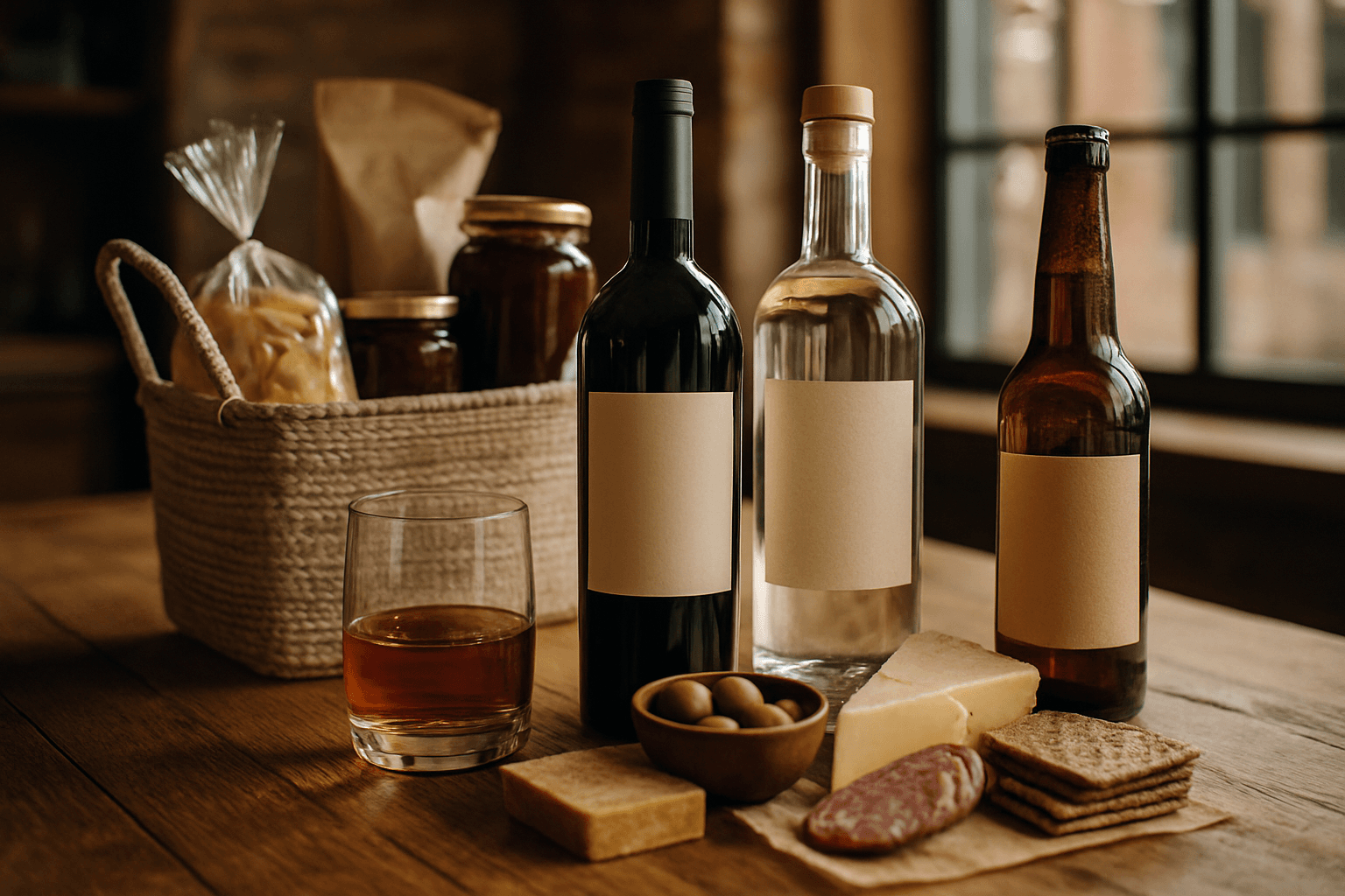 Professional photograph illustrating Wyoming-made wine spirits beer gourmet food sourcing — cover image for "12 Wyoming-Made Wine and Spirit Pairings for Jackson Hole Gift Baskets by Season" on Jackson Hole Gift Baskets