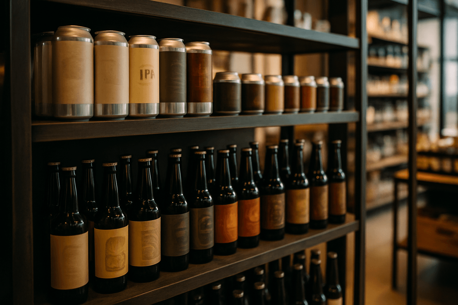 Professional photograph illustrating craft beer selection in a modern retail display — cover image for "8 Wyoming Craft Beer Varietals Perfect for Jackson Hole Corporate and Realtor Gift Baskets" on Jackson Hole Gift Baskets