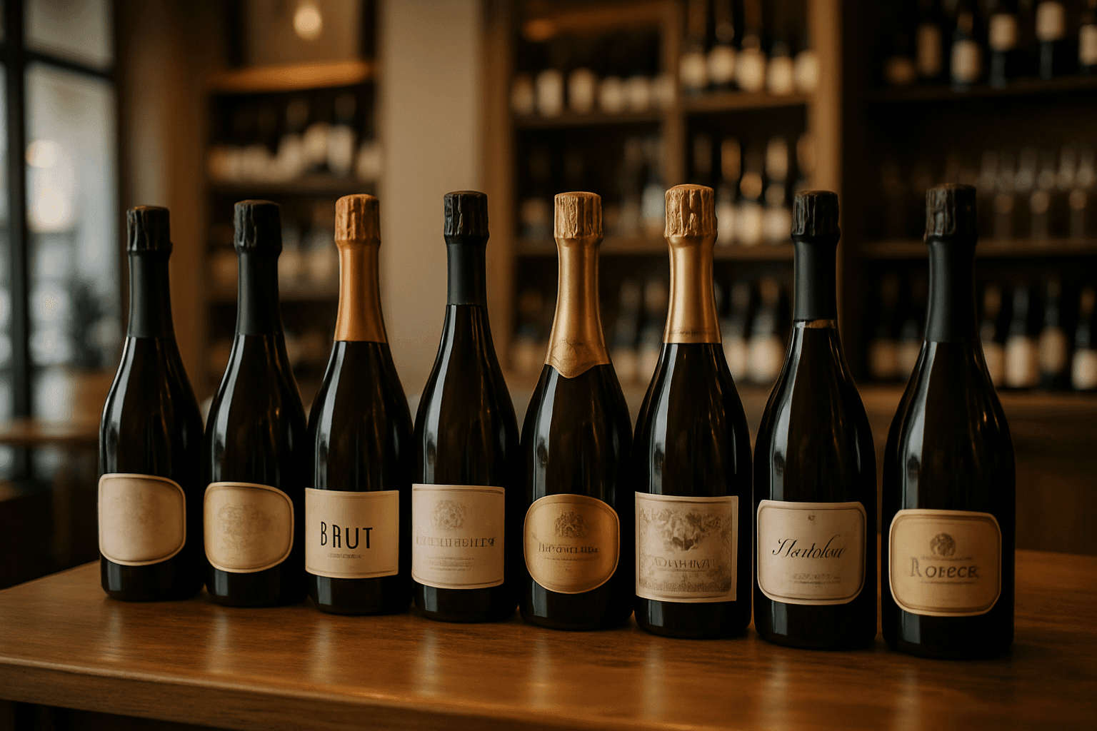Professional photograph illustrating wine bottles displayed in an elegant retail setting — cover image for "10 Italian Sparkling Wines to Feature in Teton Wedding Welcome Bags (Beyond Prosecco)" on Jackson Hole Gift Baskets