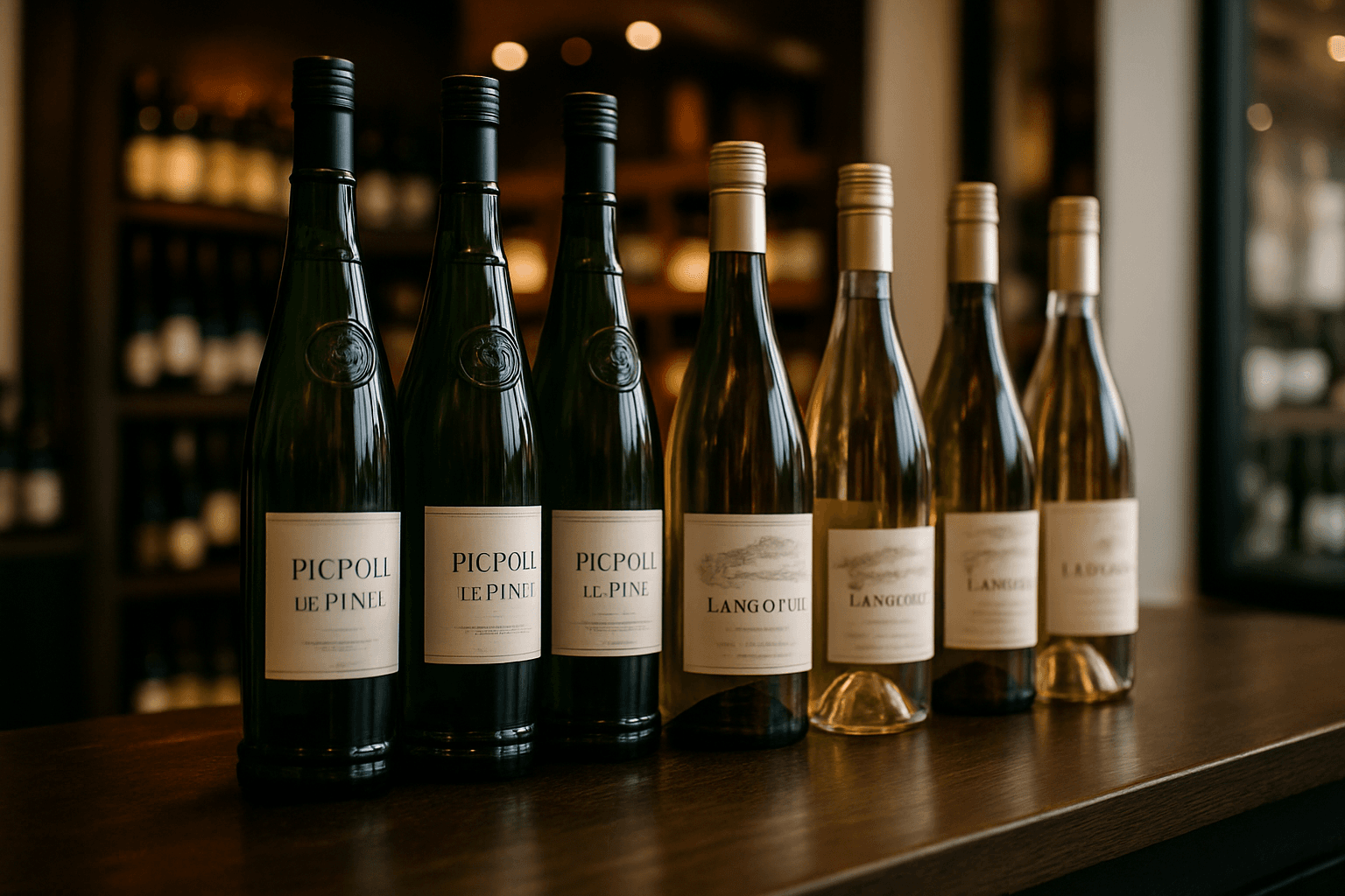 Professional photograph illustrating wine bottles displayed in an elegant retail setting — cover image for "7 Picpoul de Pinet and Languedoc White Wine Gifting Pairings for Summer Jackson Hole Events" on Jackson Hole Gift Baskets