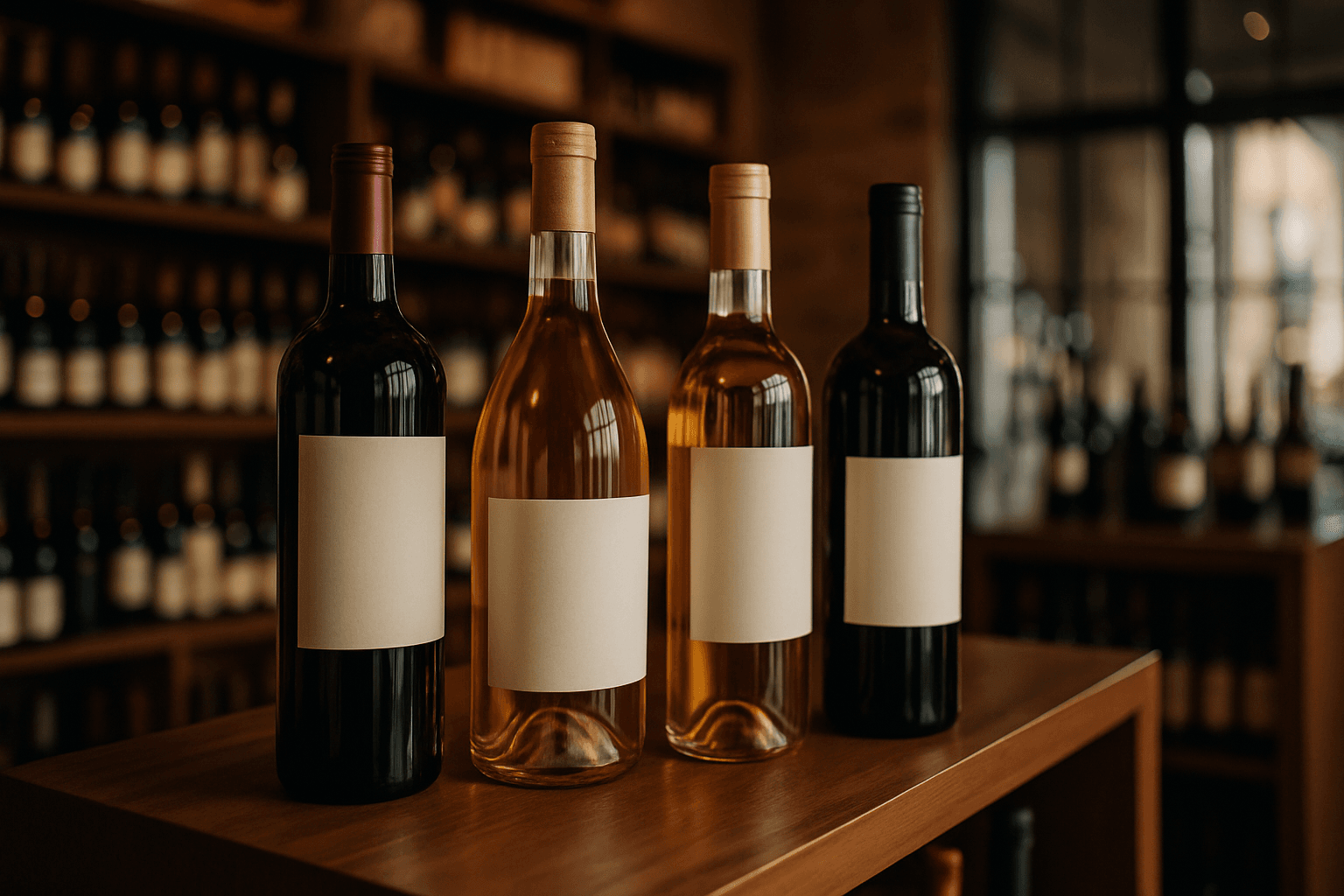 Professional photograph illustrating wine bottles displayed in an elegant retail setting — cover image for "8 Wyoming-Made Wine and Spirits for Destination Wedding Gifting in Jackson Hole" on Jackson Hole Gift Baskets