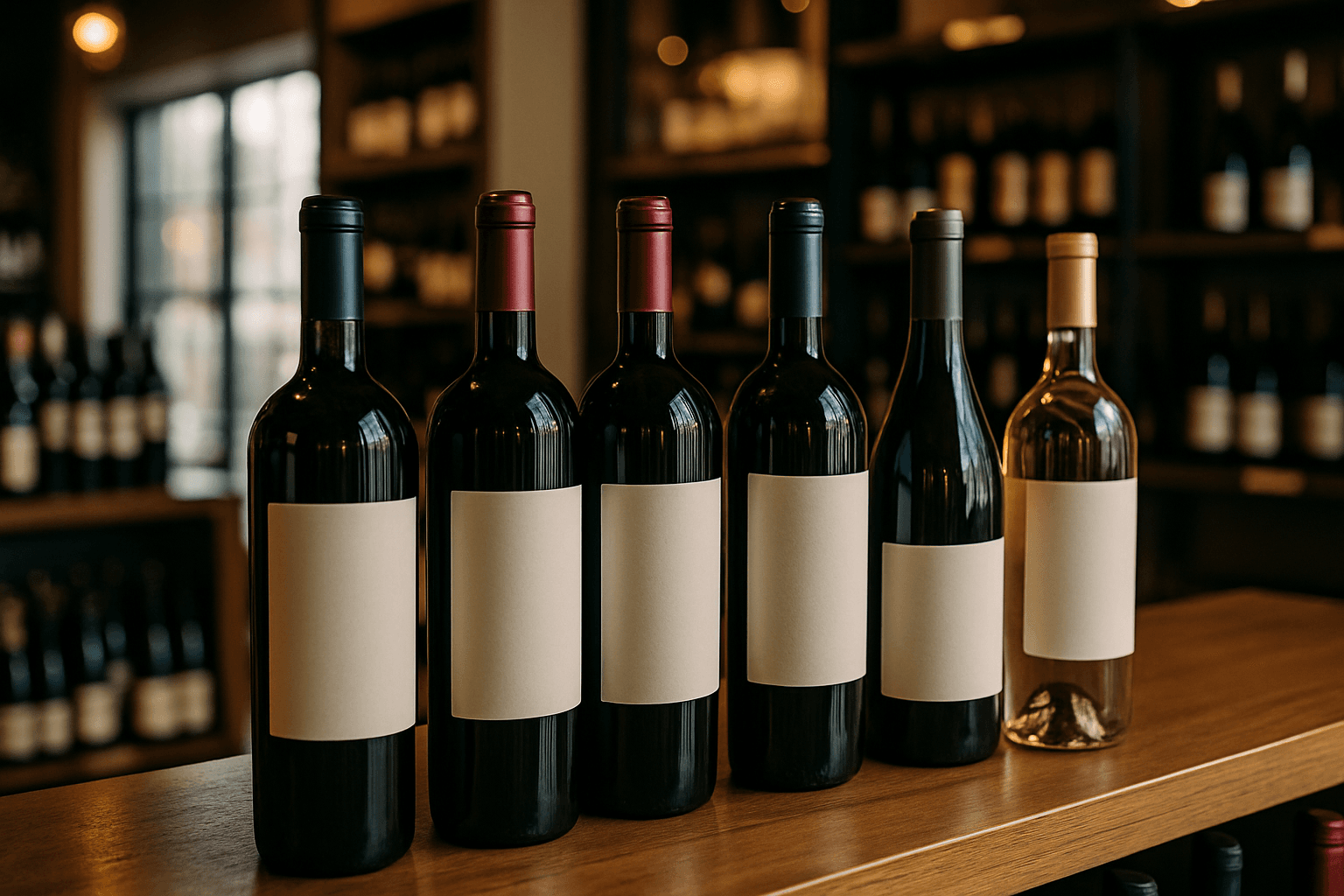 Professional photograph illustrating wine bottles displayed in an elegant retail setting — cover image for "12 Wyoming Distilleries and Wineries Every Jackson Hole Corporate Event Planner Should Tour in 2026" on Jackson Hole Gift Baskets