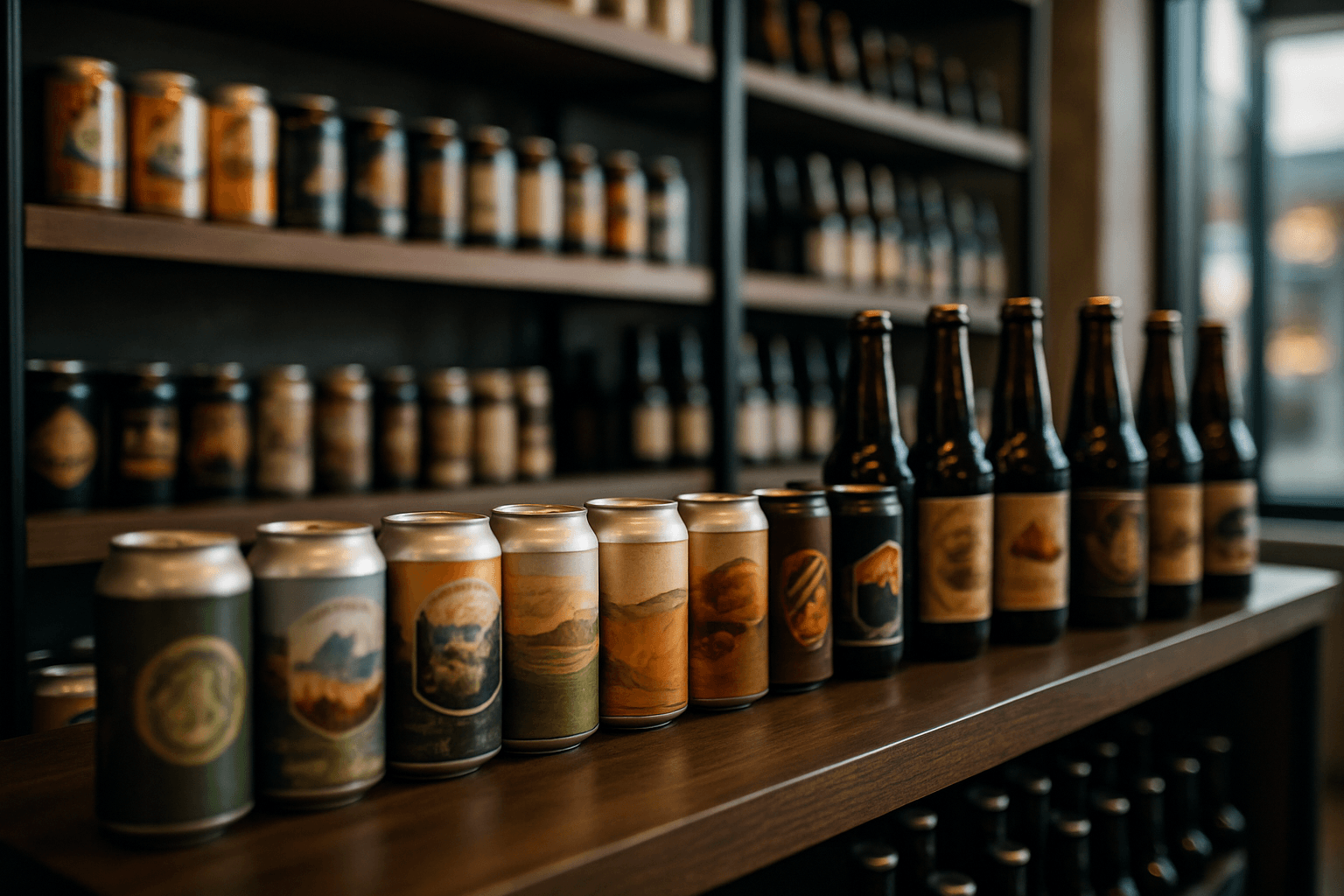 Professional photograph illustrating craft beer selection in a modern retail display — cover image for "8 Wyoming Craft Beers That Belong in Every Jackson Hole Summer Gift Basket This Season" on Jackson Hole Gift Baskets