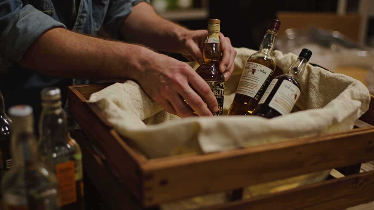 Hands arranging whiskey bottles in a cloth-lined wooden crate