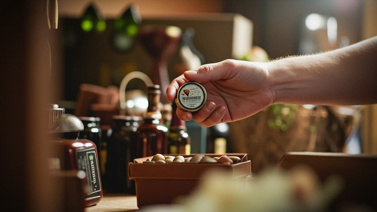 A hand holding a small jar beside shelves of bottles and a box of nuts