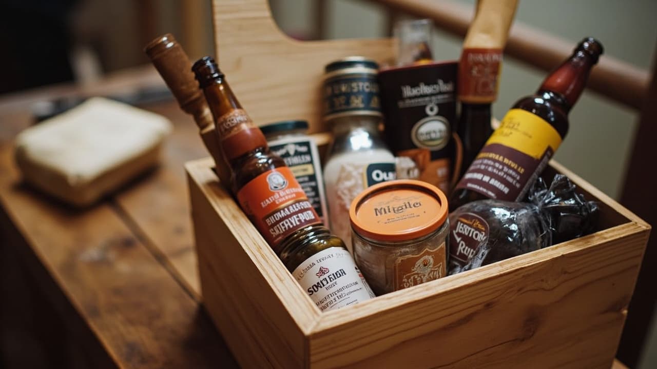 A wooden crate holds assorted bottles and jars packed as a gift set