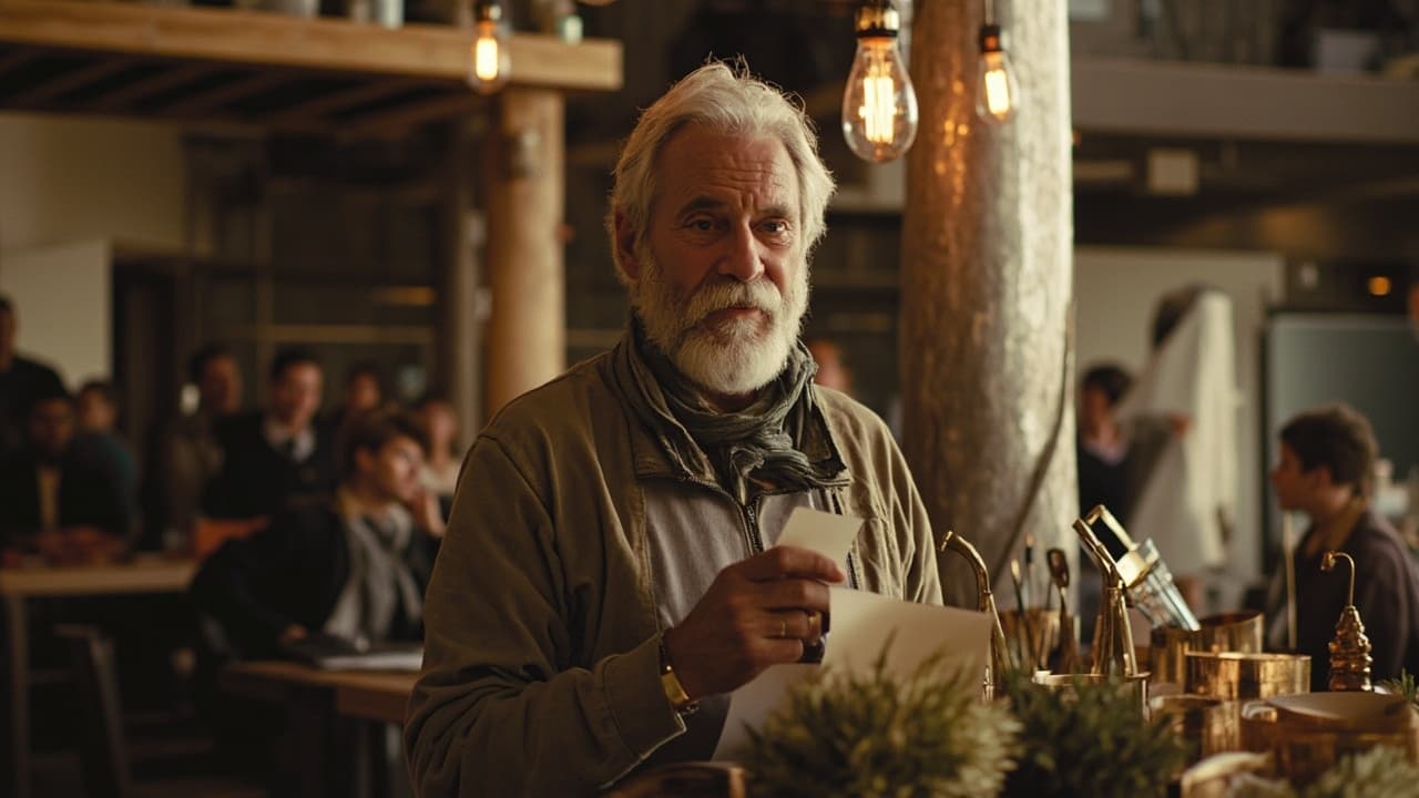 An older man with a gray beard holding a card under string lights in a workshop