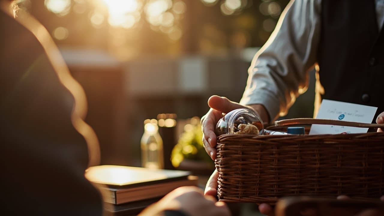 A hand sets a woven gift basket on a table in warm evening light