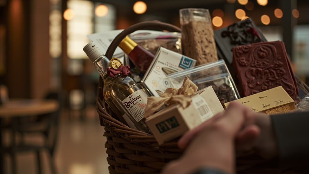 A hand carrying a wicker gift basket filled with bottles and snacks
